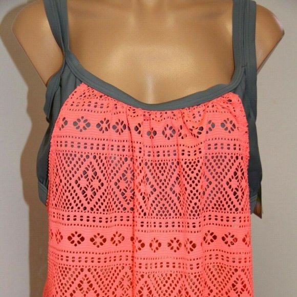 NWT Go Gossip swimsuit bikini Tankini Top Bra Plus size Grey Coral Crochet - Picture 2 of 5